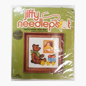 Vtg 70s Sunset Designs Jiffy Needlepoint Teddy Bear Baby Photo Frame Kit 5611